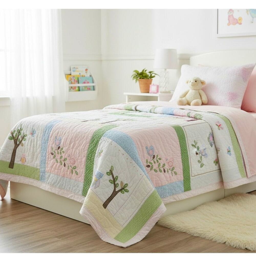 POTTERY BARN KIDS Hayley Floral Owl Bird TWIN QUILT Blanket Pink Floral Backing